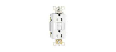 Pass & Seymour Radiant self-test GFCI outlet front view white, reliable protection for busy spaces.
