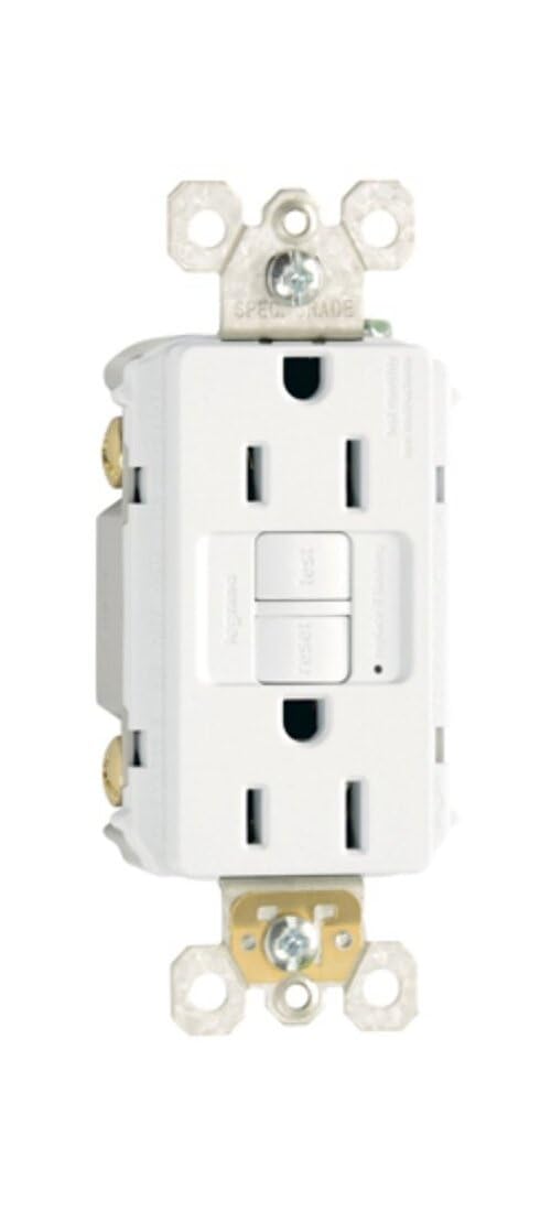 Pass & Seymour Radiant self-test GFCI outlet side view white, ideal for compact installations.