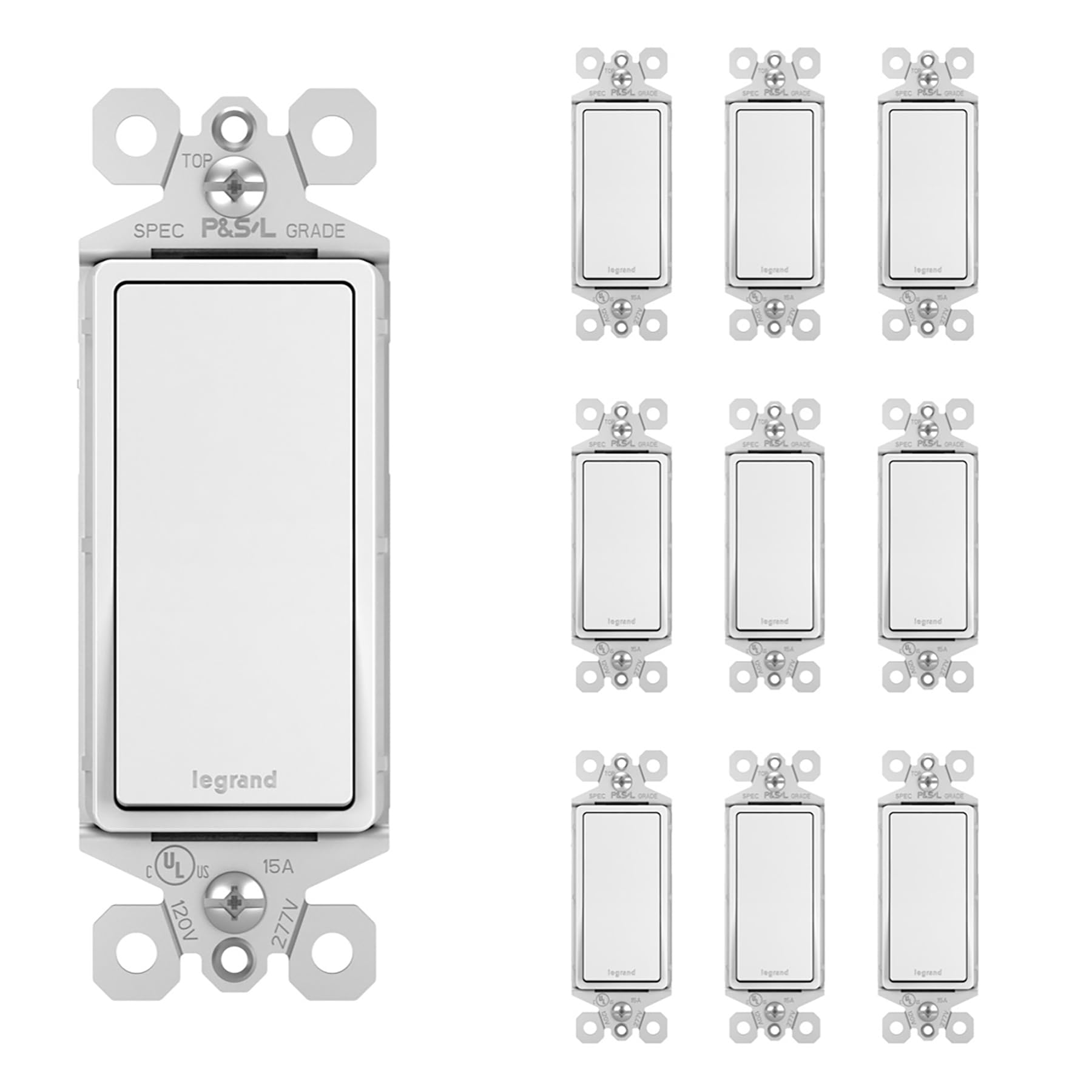 Pass & Seymour white paddle rocker switch, 10-pack, 15-amp single-pole suitability for wiring.