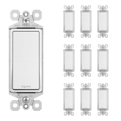 Pass & Seymour white paddle rocker switch, 10-pack, 15-amp single-pole suitability for wiring.