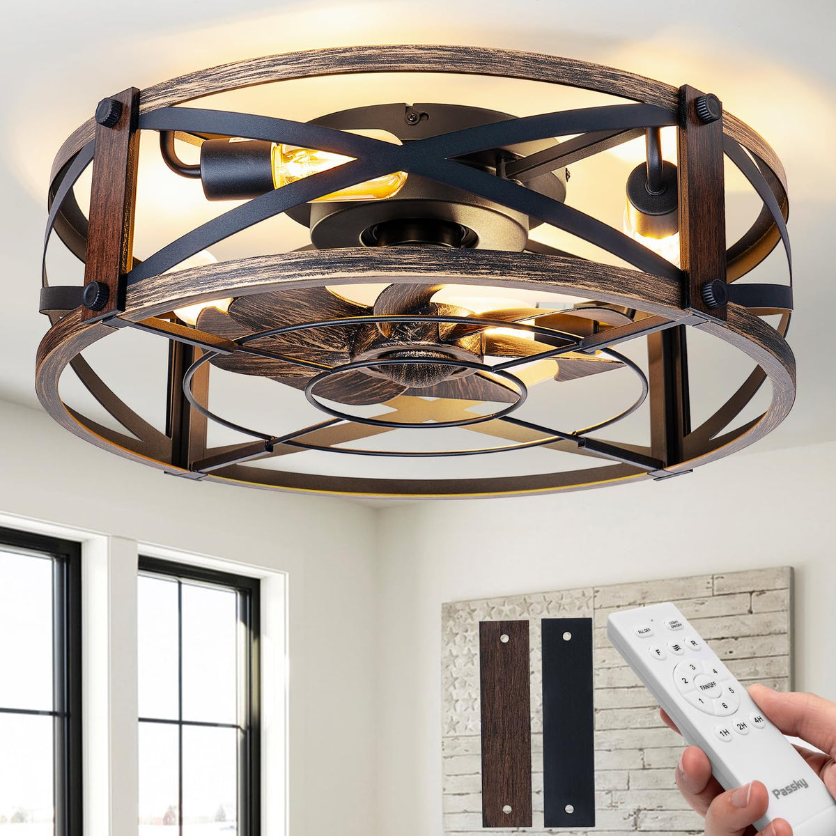 Passky 20-inch farmhouse fan with cage lighting for cool, stylish living spaces.