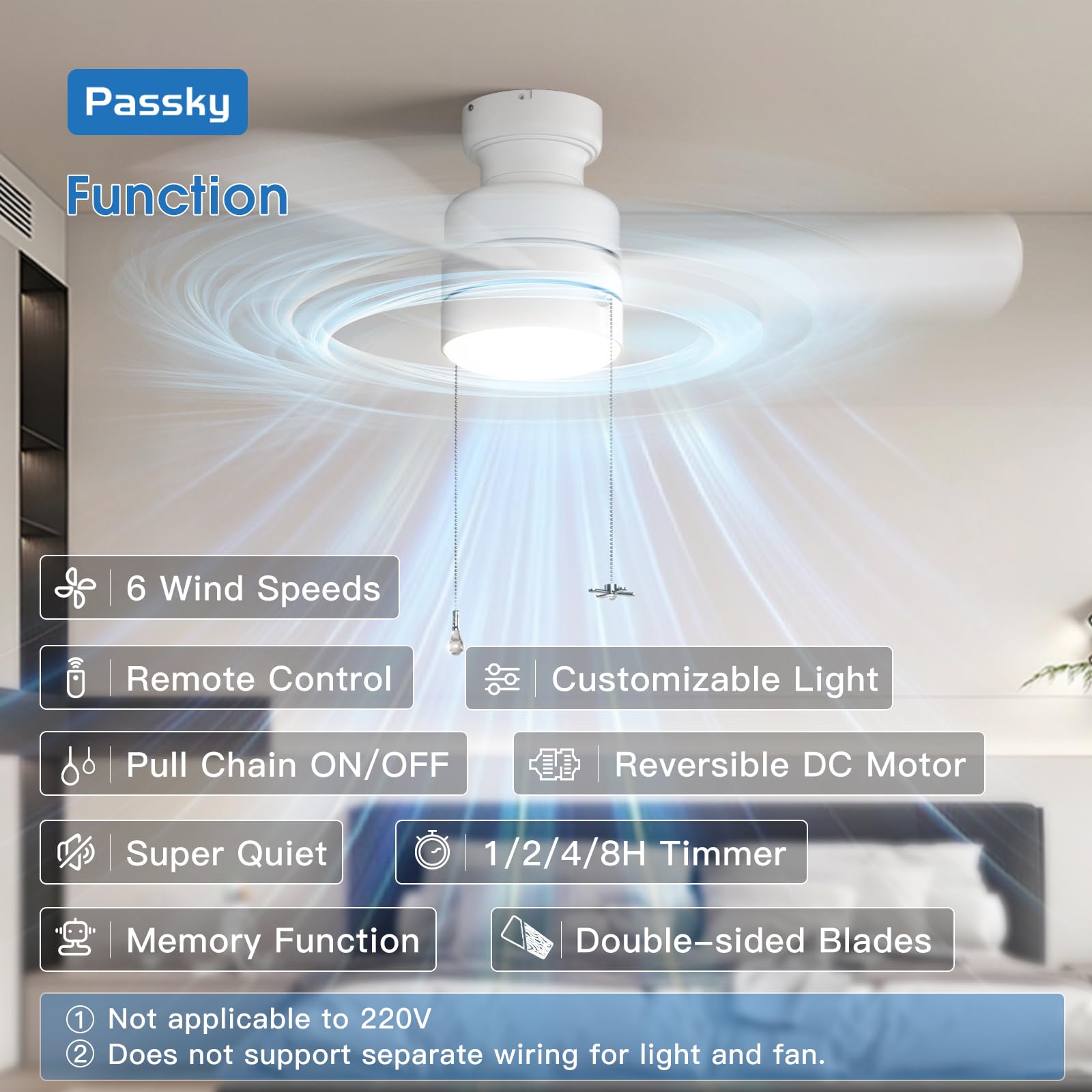 Passky 42-inch flush-mount ceiling fan blends with the living room decor.