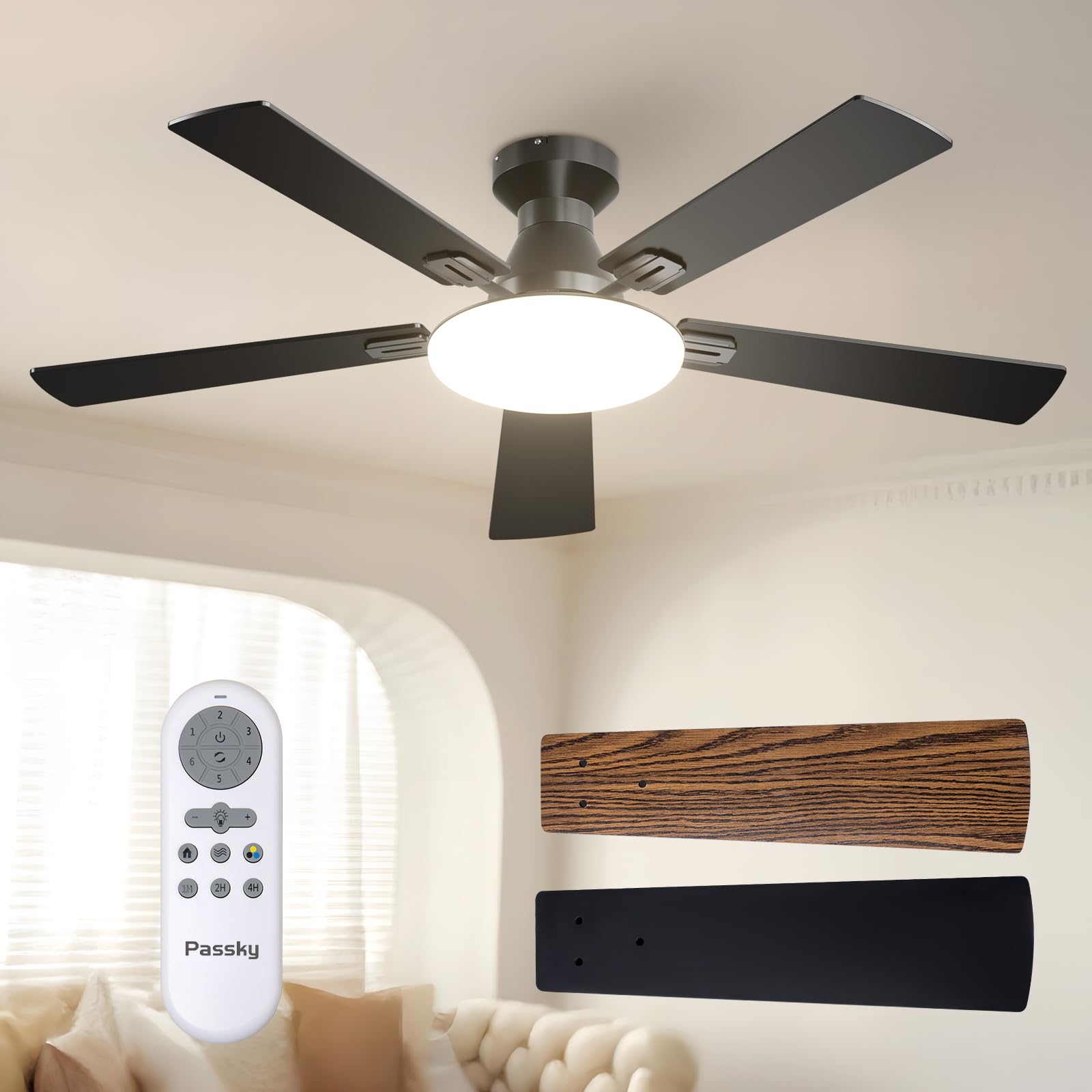 Passky 52in black ceiling fan with light, stylish cooling visual
