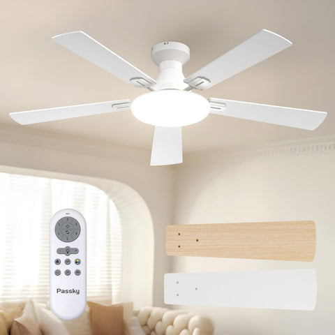 Passky 52-inch ceiling fan with light installed in a bedroom for cooling and ambiance.