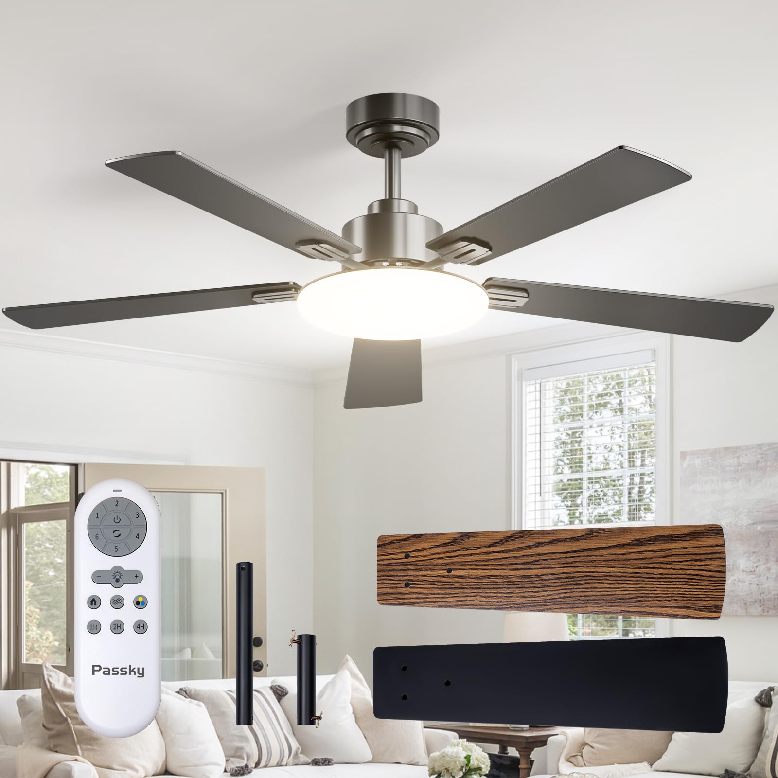 Passky 52-inch ceiling fan with light delivering wide-area cooling.
