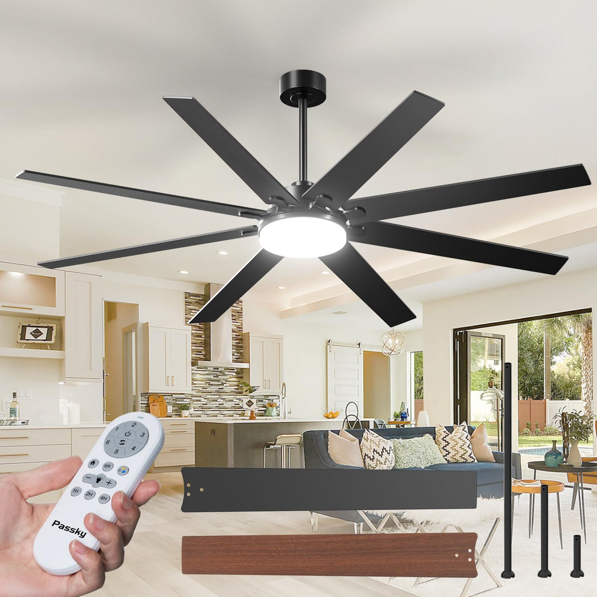 Passky 72-inch ceiling fan with light remote front view for large rooms