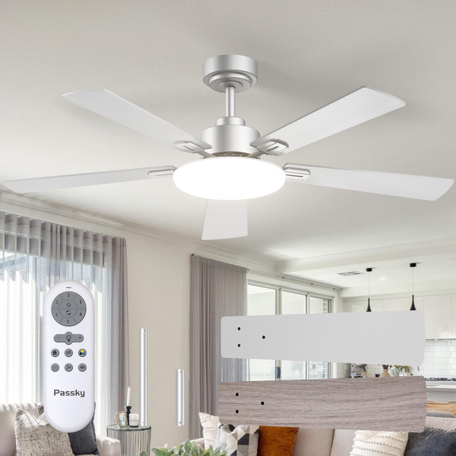 Passky 52-inch ceiling fan with light viewed from angle for stylish living room cooling.