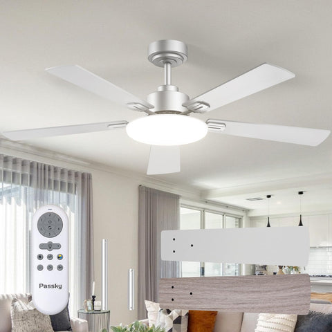 Passky 52-inch ceiling fan with light viewed from angle for stylish living room cooling.