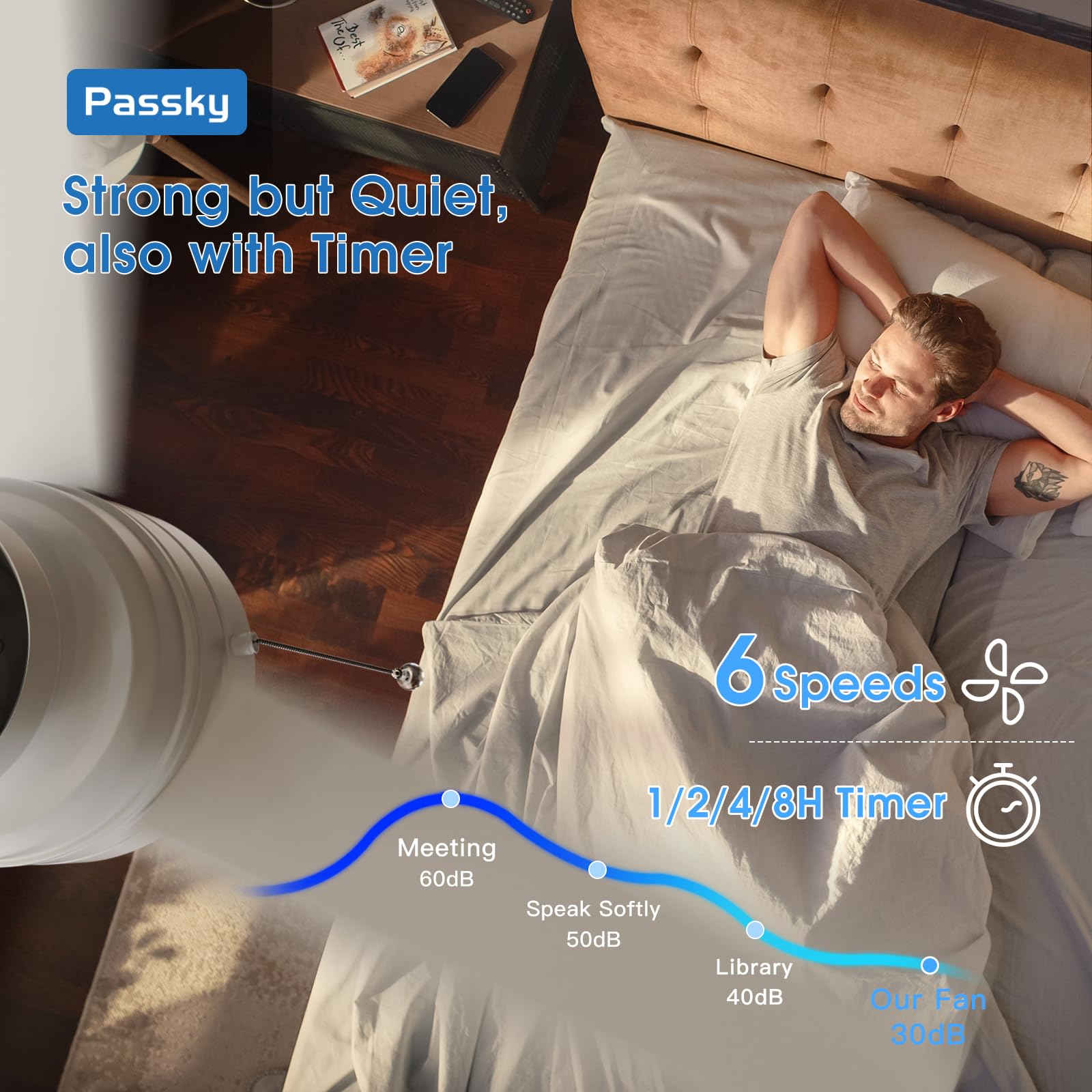 Passky ceiling fan operates quietly for peaceful bedrooms and offices.