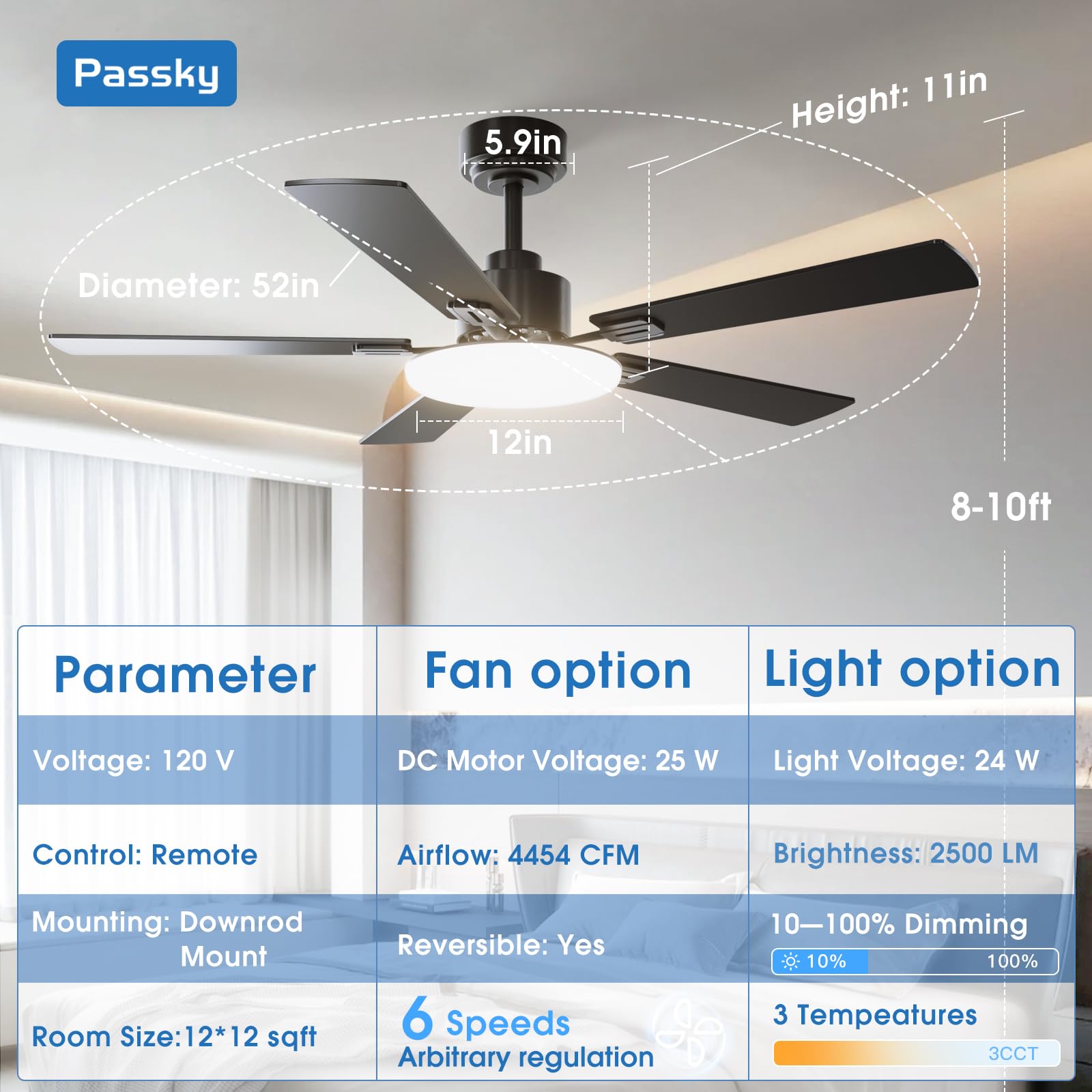 Passky dimmable light with 3 color temperatures for ambiance.