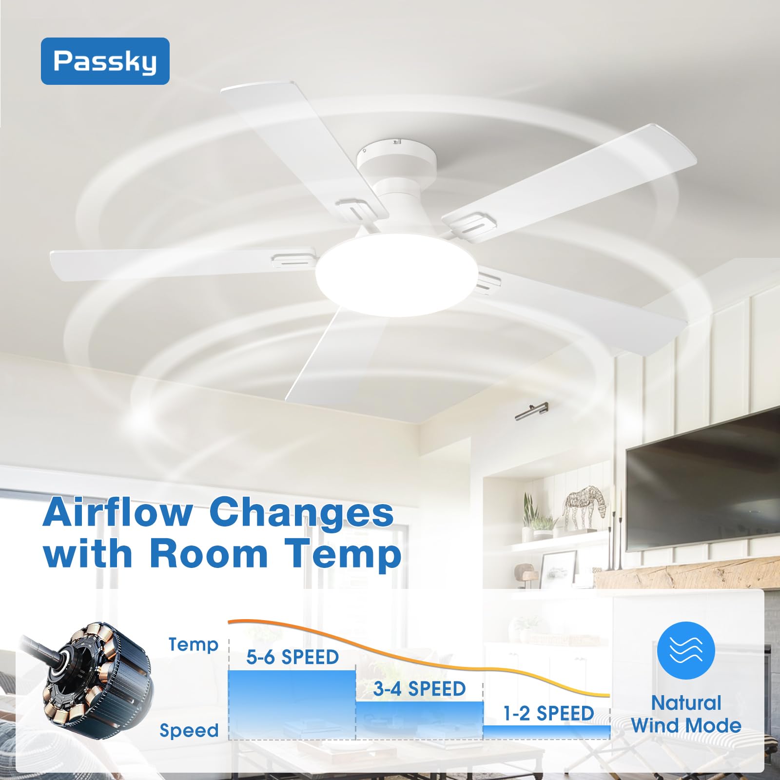 Passky quiet ceiling fan operates around 35dB, ideal for a peaceful bedroom.