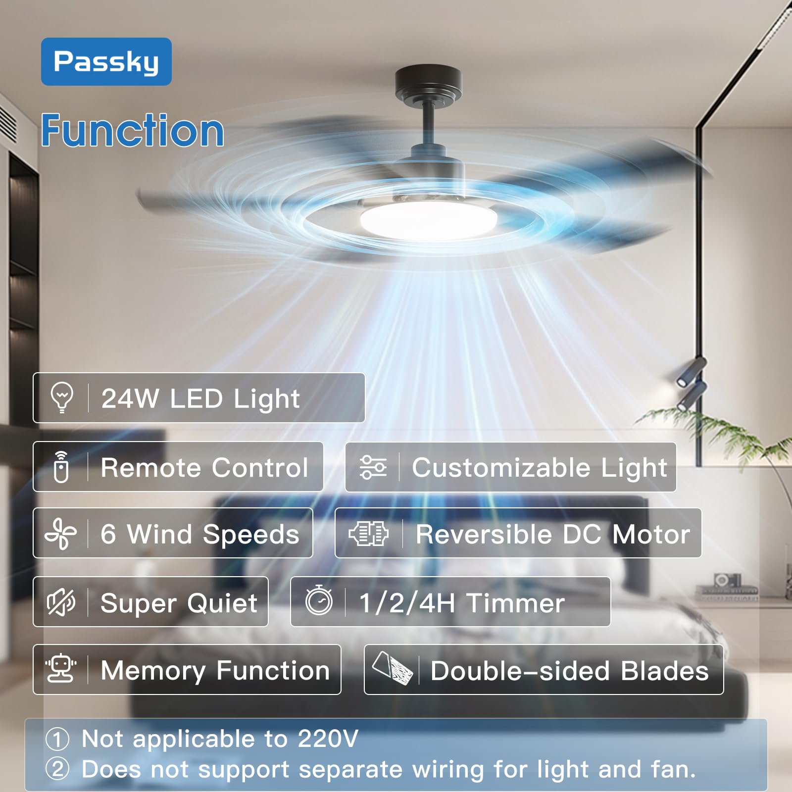 Passky remote-control ceiling fan for effortless one-handed adjustments.