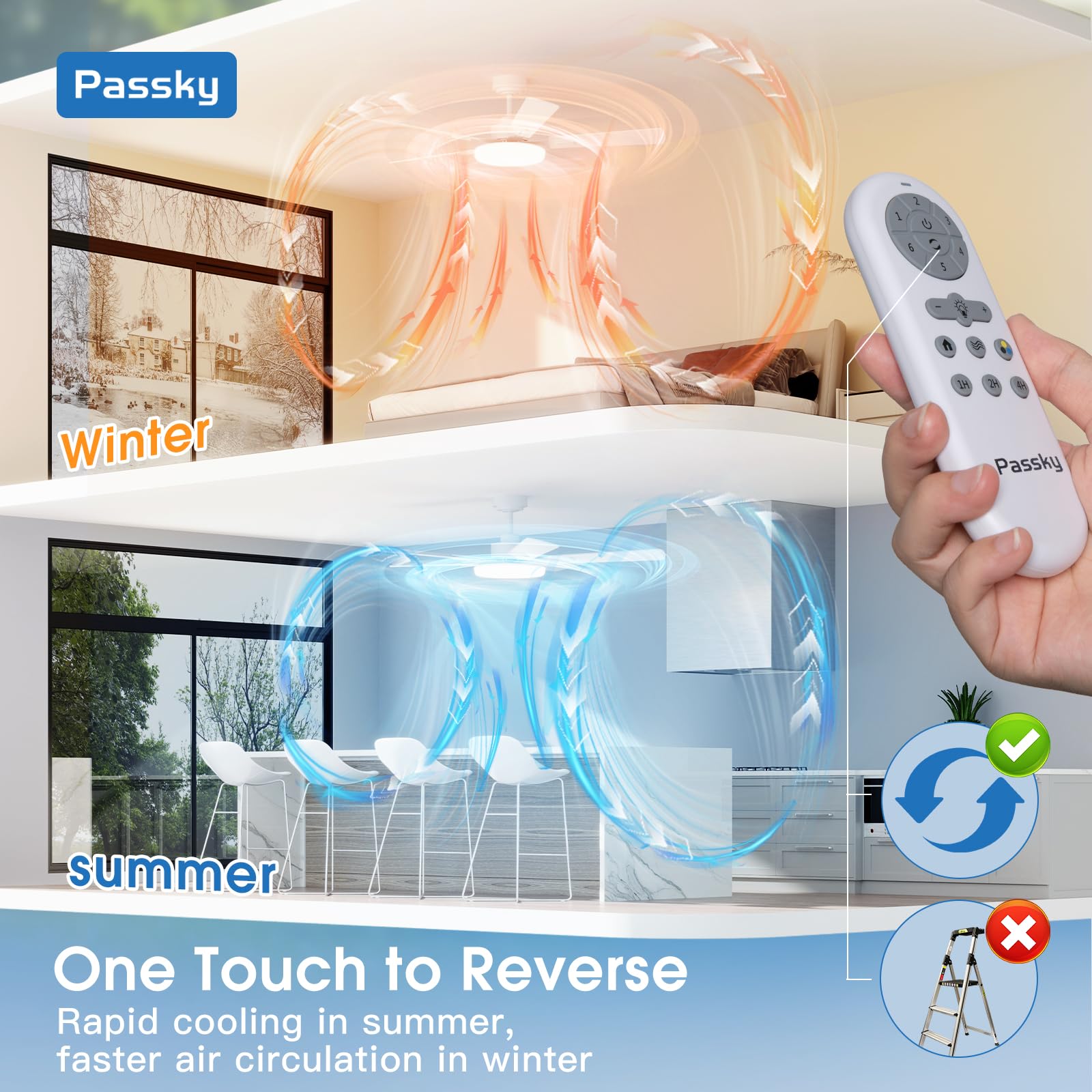 Passky remote control enables six speeds and light dimming.