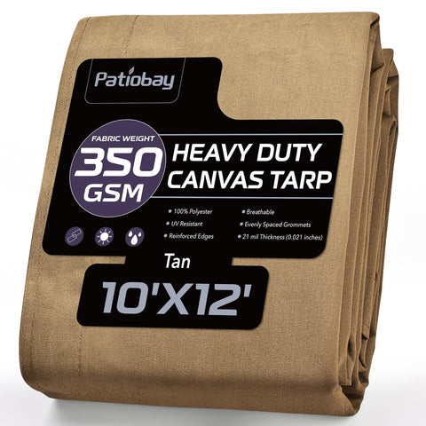 Patiobay canvas tarp 10x12 tan front view showing rugged waterproof shelter for camping