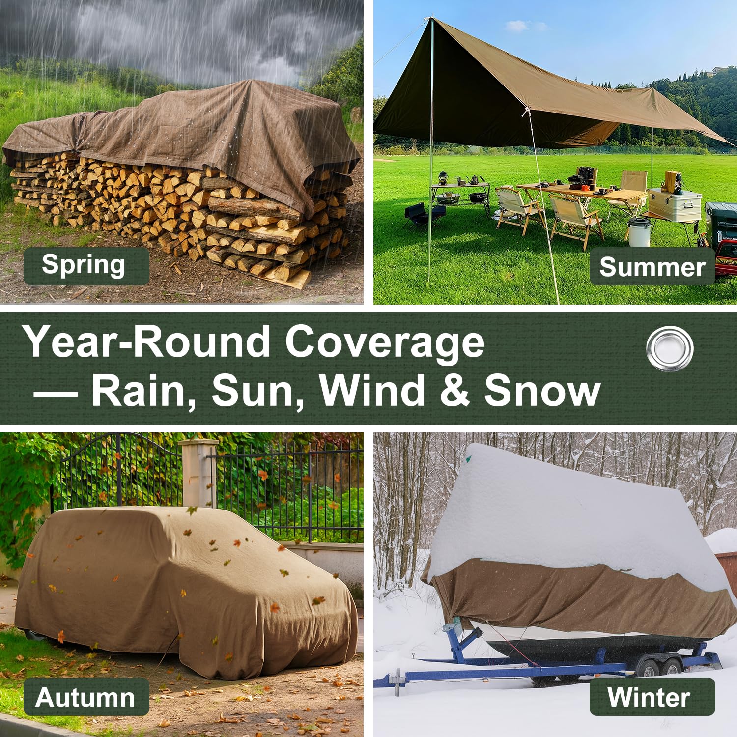Patiobay tarp protecting woodpiles and equipment during yard projects