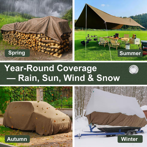 Patiobay tarp protecting woodpiles and equipment during yard projects