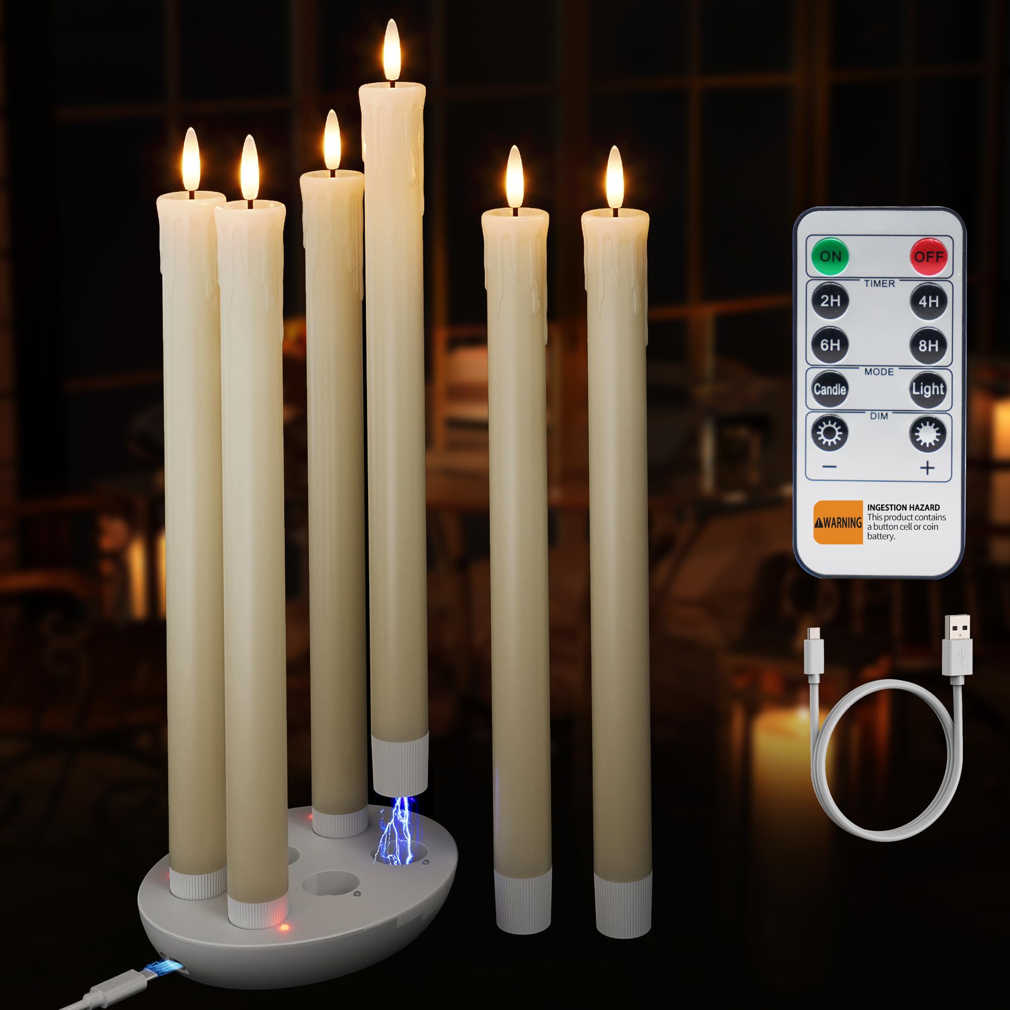 Patiphan charging station powering six flameless taper candles for easy setup