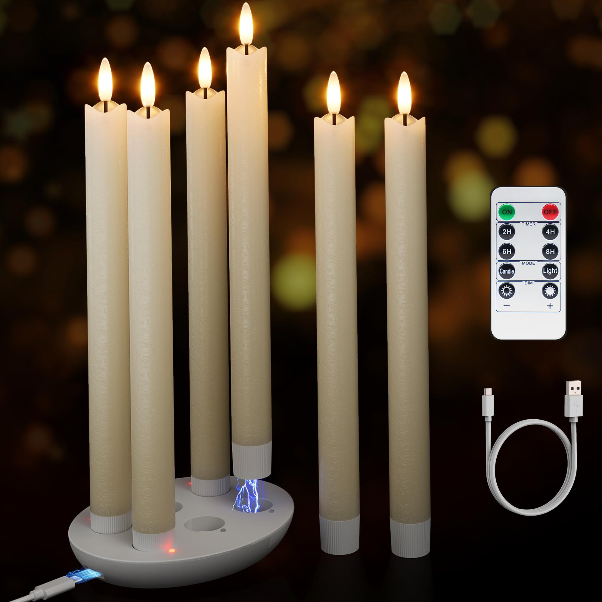 Patiphan charging base with six rechargeable taper candles for effortless setup and long lighting.