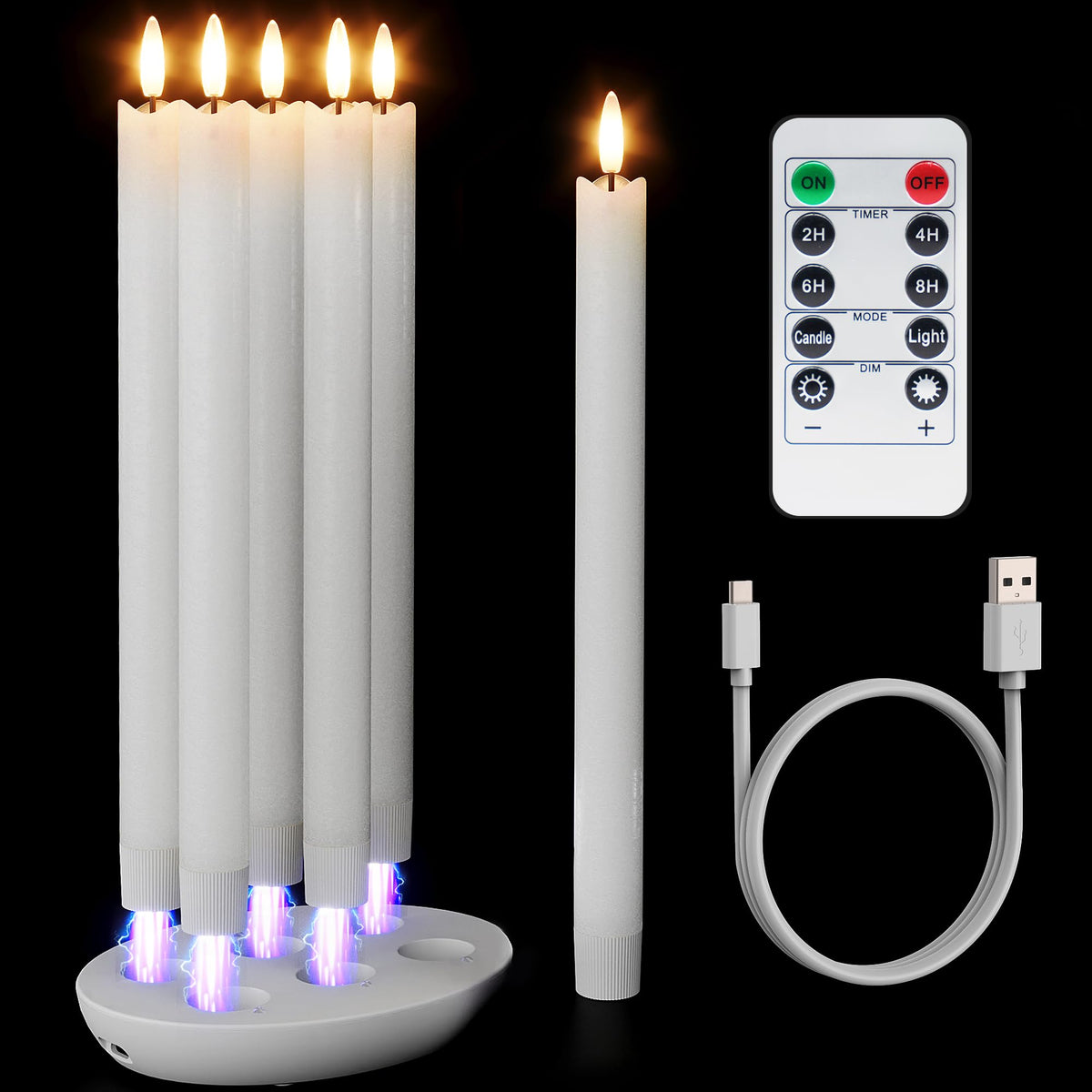 Patiphan taper candles with charging station for safe, flame-free illumination.