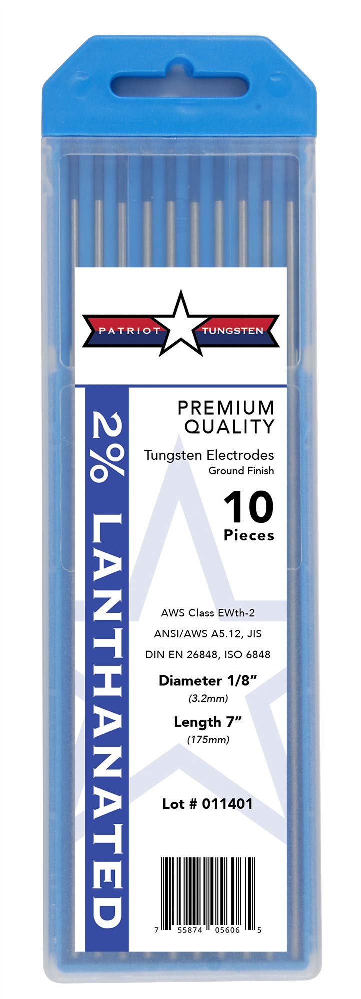 Patriot Tungsten 2% lanthanated TIG electrodes in blue EWLA-2 for reliable ignition.