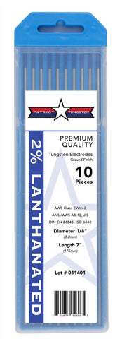 Patriot Tungsten 2% lanthanated TIG electrodes in blue EWLA-2 for reliable ignition.