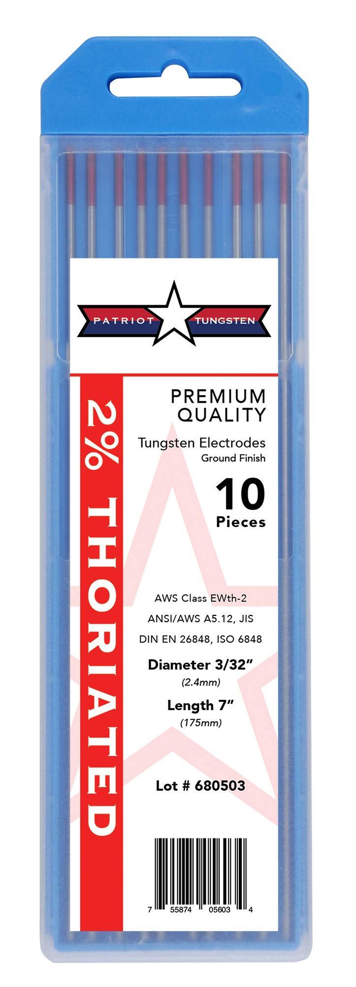 Patriot Tungsten EWTh-2 2 percent thoriated electrode pack for TIG welding.