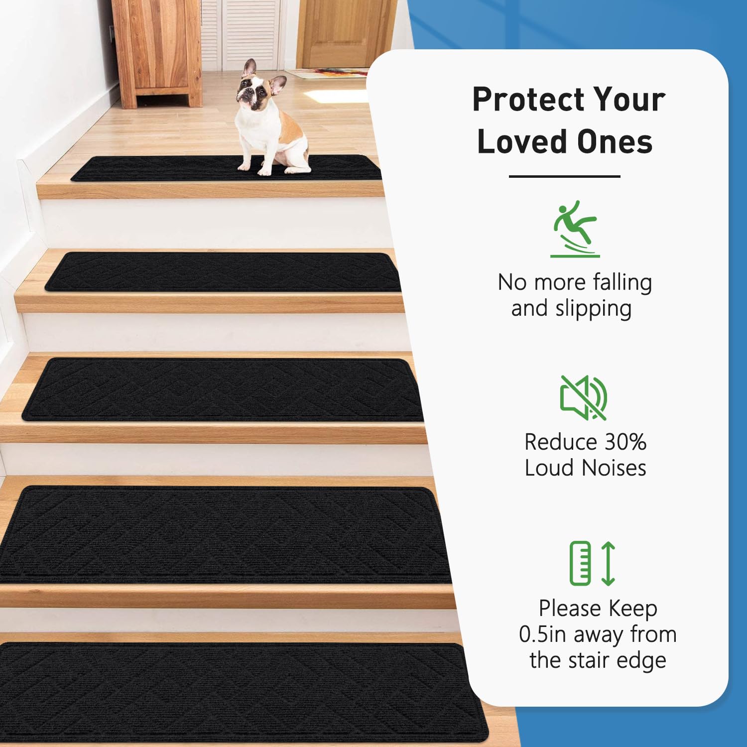 PATTENGO adhesive-backed stair mat staying in place for busy homes.