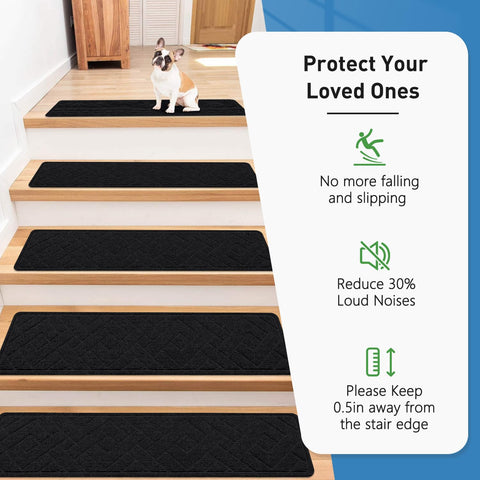 PATTENGO adhesive-backed stair mat staying in place for busy homes.