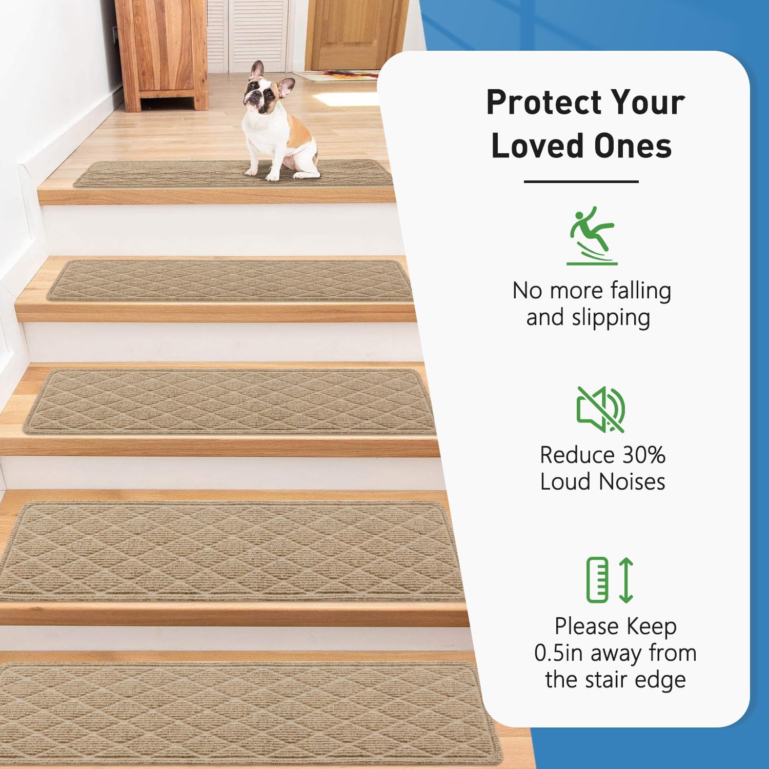 PATTENGO stair treads with adhesive-TPR back provide secure placement on indoor stairs.