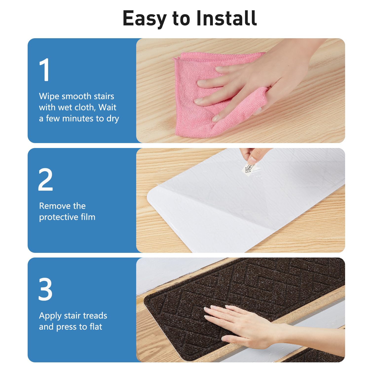 PATTENGO stair treads demonstrate peel-and-stick adhesive with full coverage.
