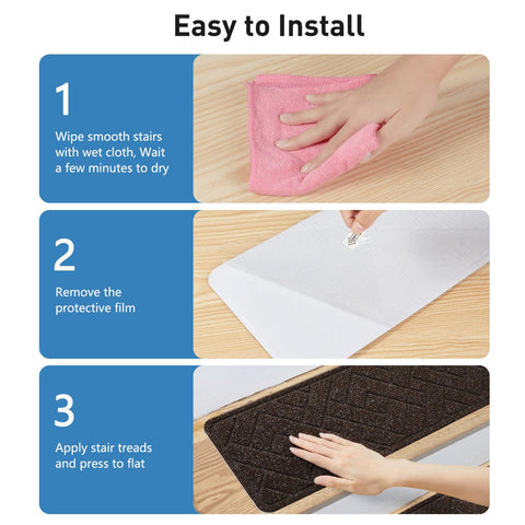 PATTENGO stair treads demonstrate peel-and-stick adhesive with full coverage.