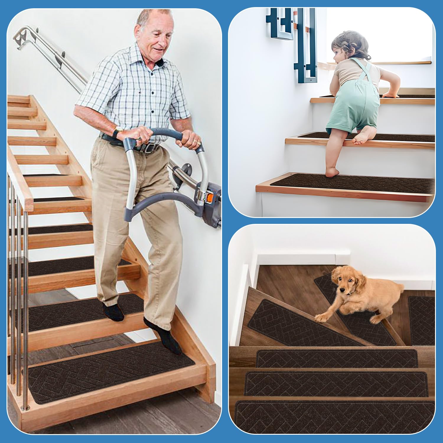 PATTENGO stair treads suited for wood, tile, and other indoor stairs.