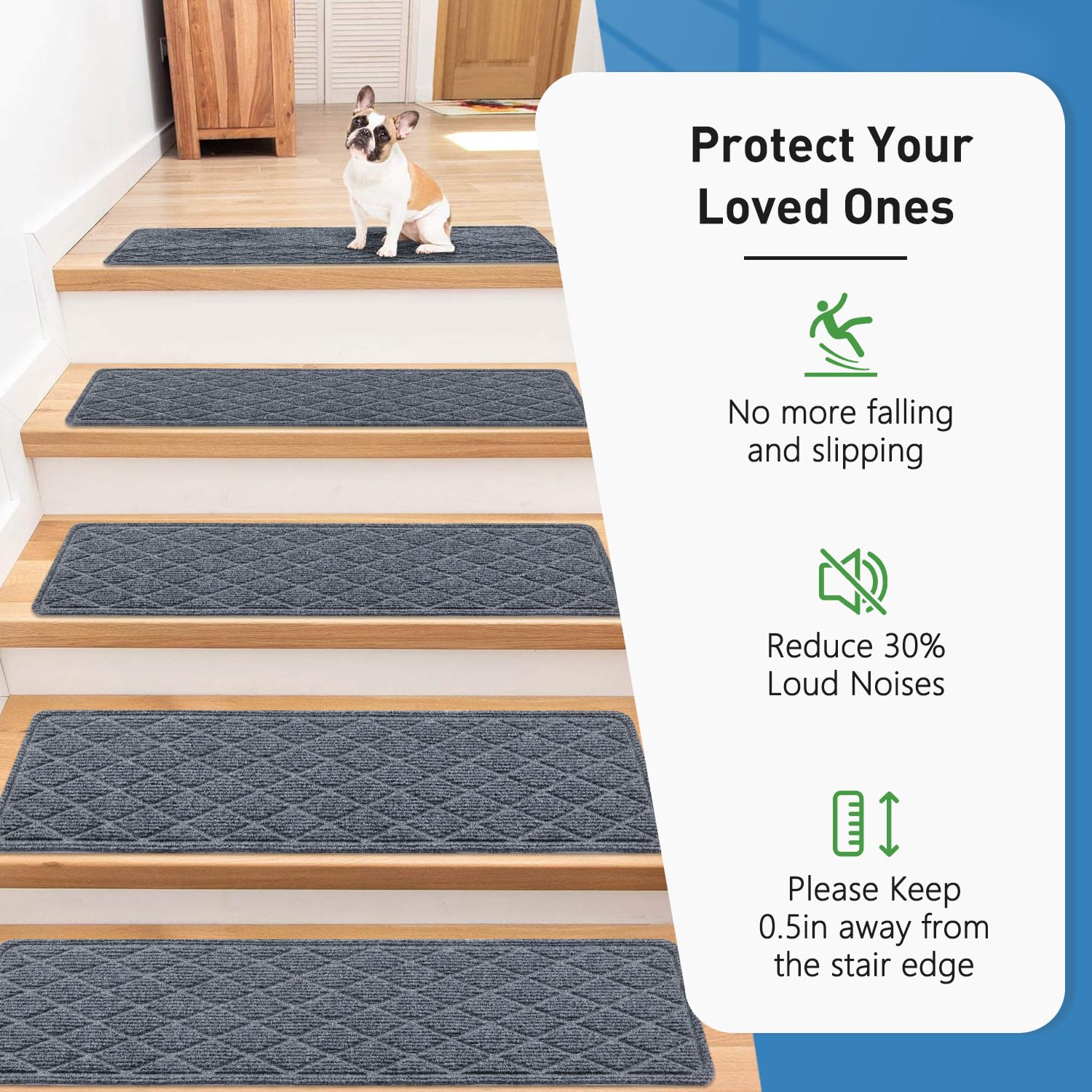PATTENGO stair treads on wooden steps showing secure peel-and-stick backing