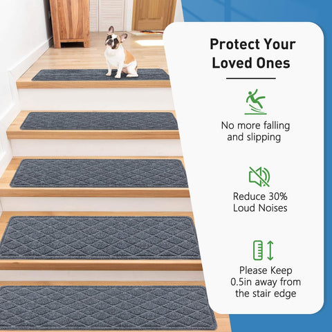 PATTENGO stair treads on wooden steps showing secure peel-and-stick backing