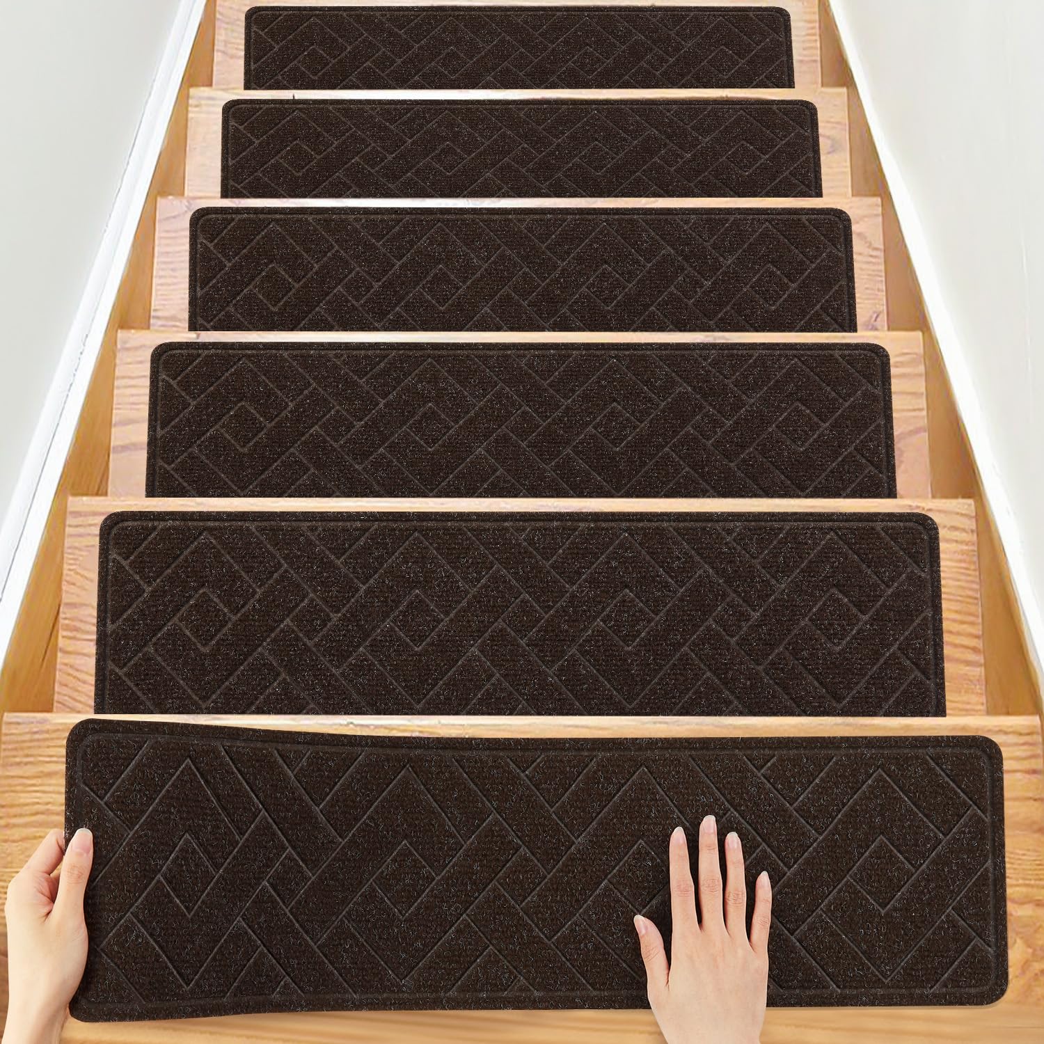 PATTENGO stair treads on wooden stairs with quick, tool-free installation.