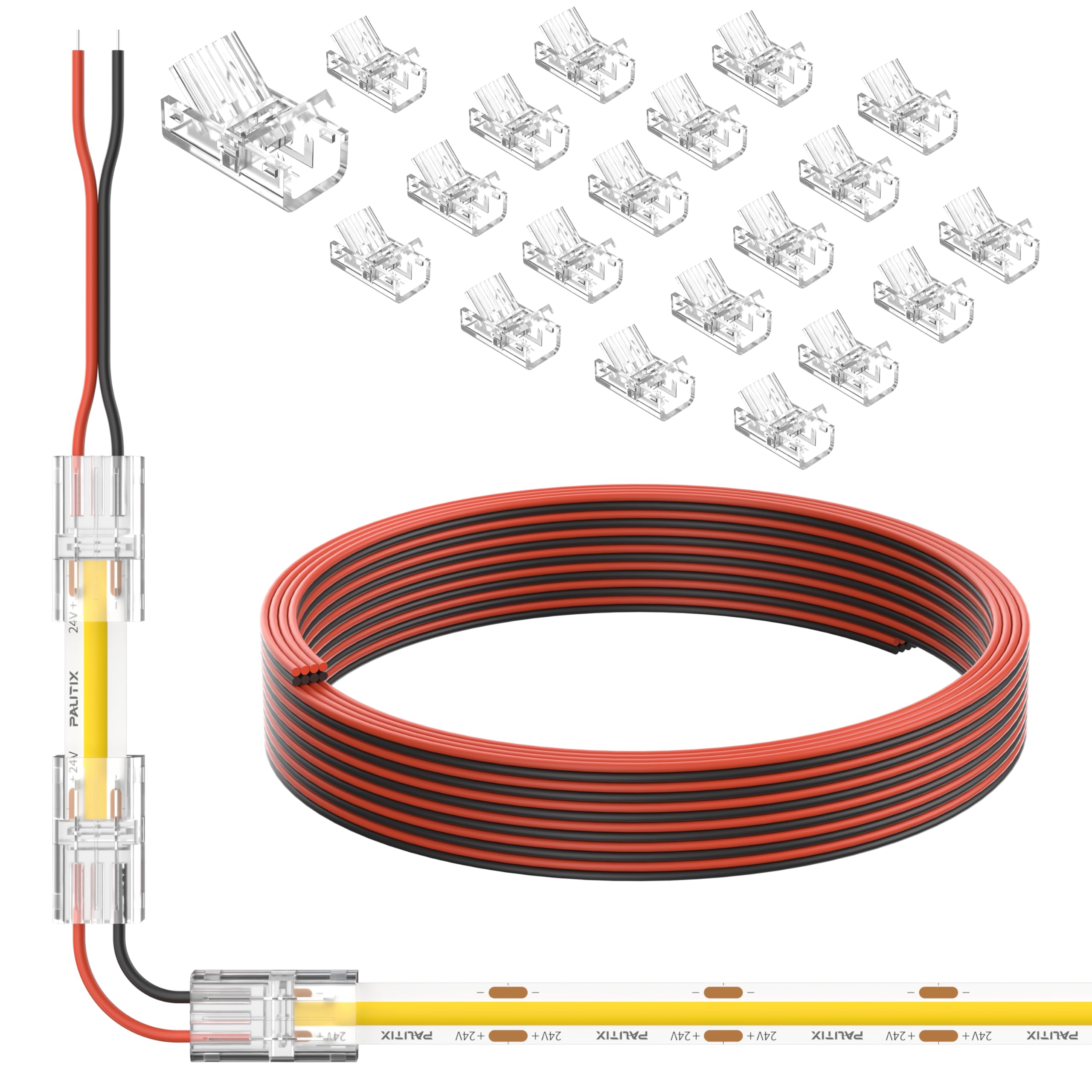 PAUTIX COB LED connectors close-up showing 2-pin 8mm fit for seamless lighting