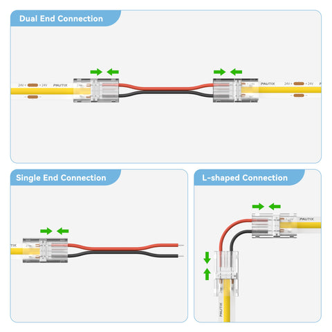 PAUTIX 2-pin 8mm connectors demonstrating secure strip-to-wire join