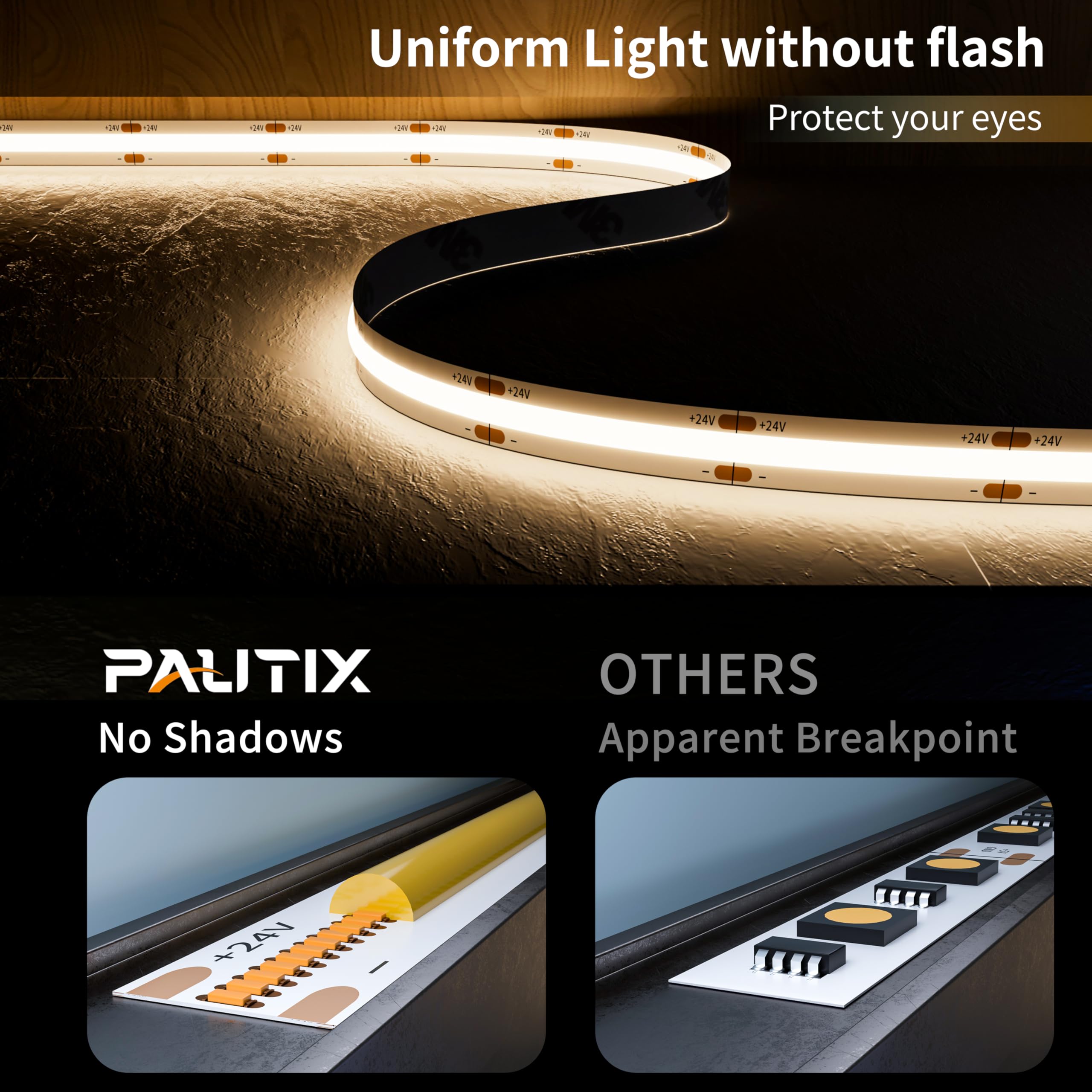 PAUTIX COB LED strip 3087 LEDs close-up shows dense, uniform illumination.