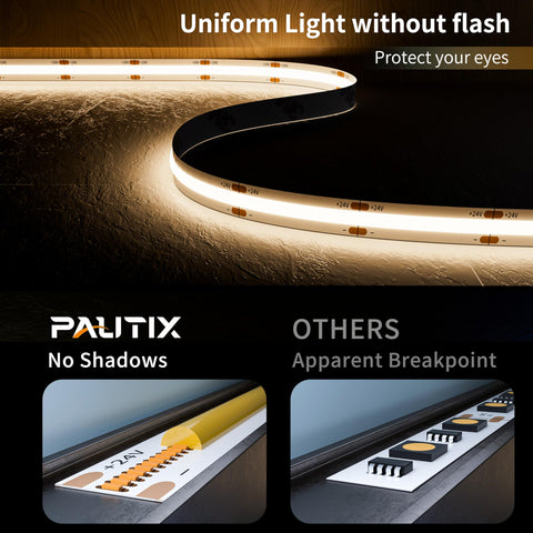 PAUTIX COB LED strip 3087 LEDs close-up shows dense, uniform illumination.