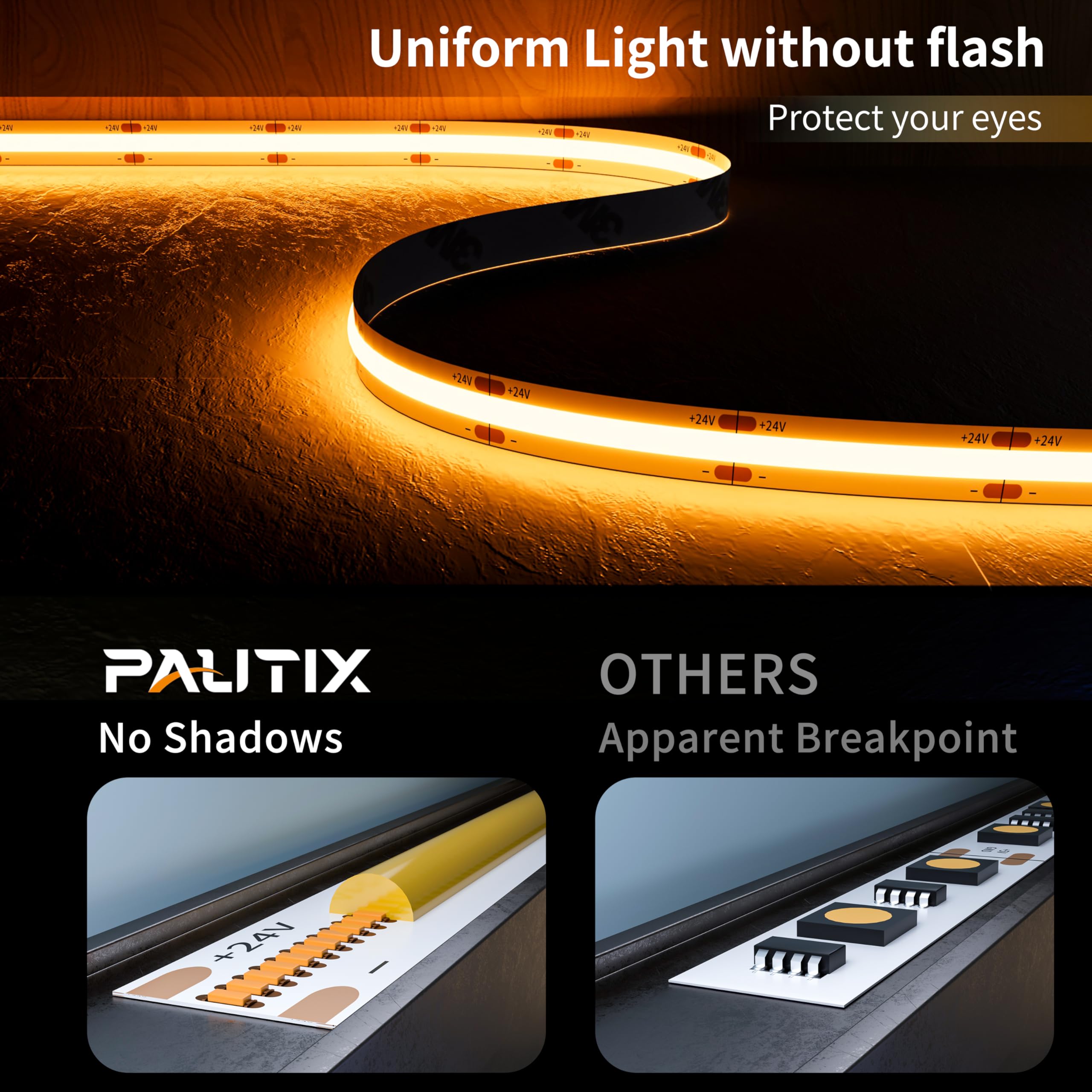 PAUTIX LED strip close-up showing dense COB chips for uniform brightness