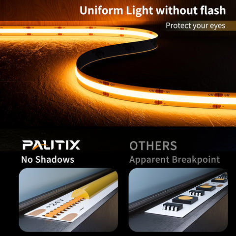 PAUTIX LED strip close-up showing dense COB chips for uniform brightness