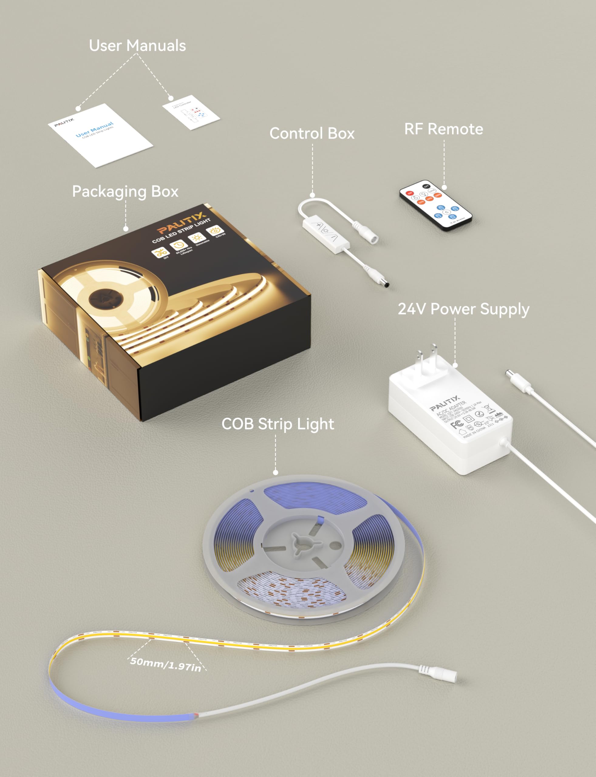 PAUTIX COB LED strip dimming feature controlled by remote.