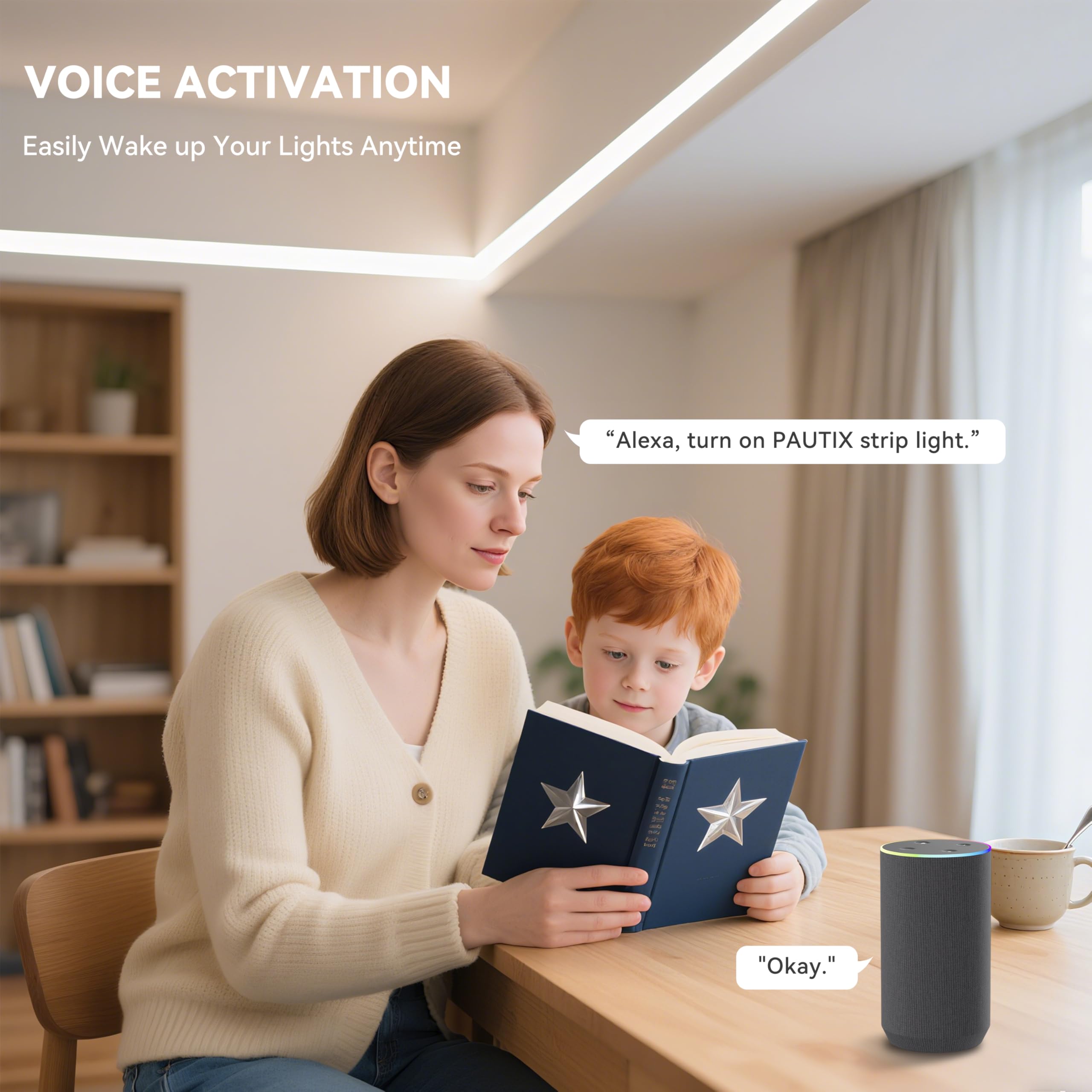 PAUTIX strip supports voice control via Alexa and Google Assistant for hands-free control.