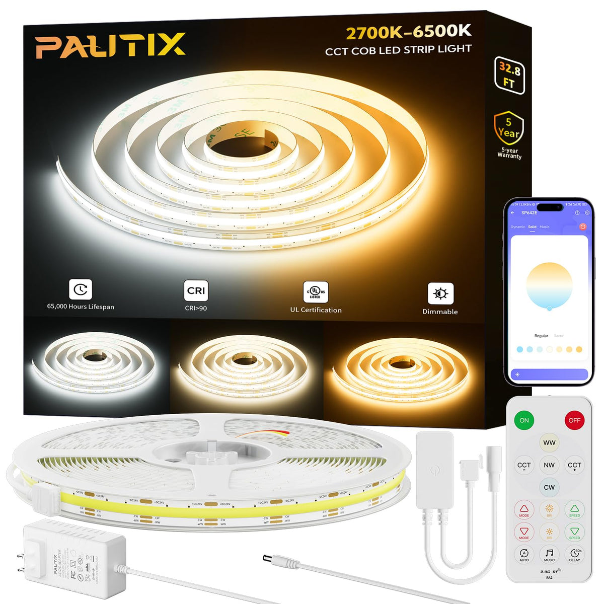 PAUTIX COB LED strip package shows 32.8 ft length for versatile room lighting