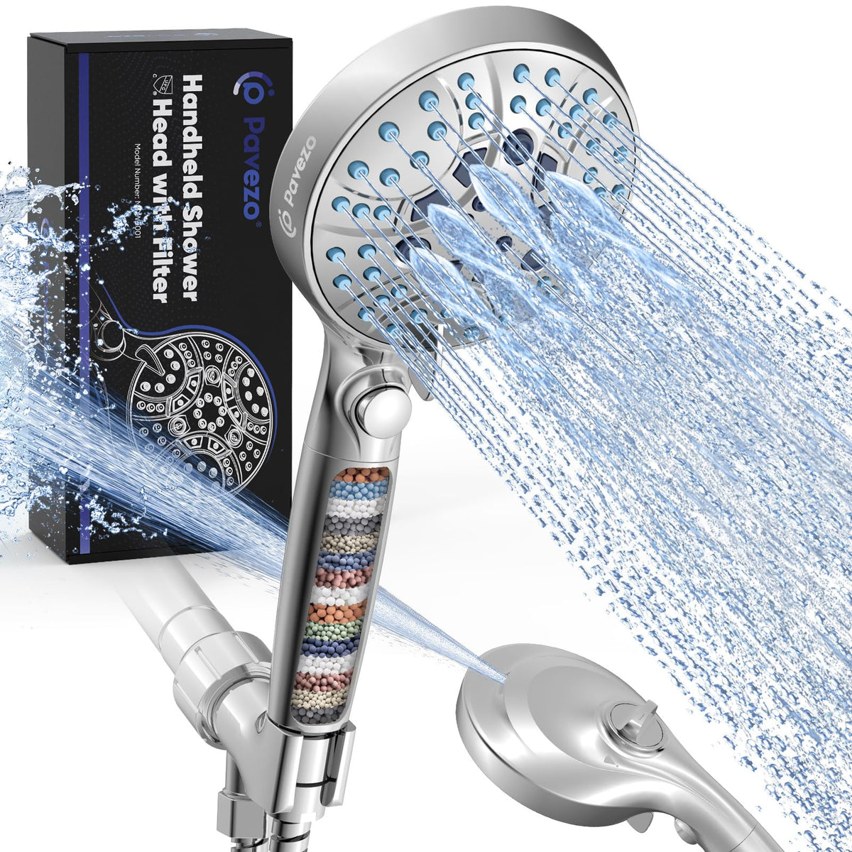 Pavezo high-pressure shower head with filter for a powerful, purified rinse