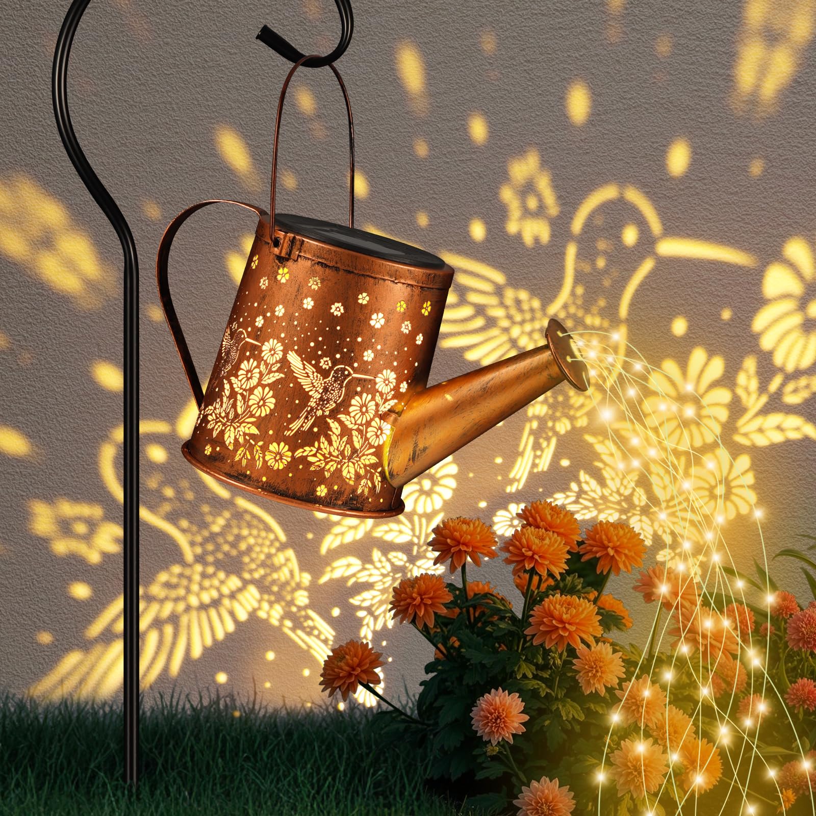 Pawatee Solar Watering Can Light hanging lantern adds charming garden ambiance.