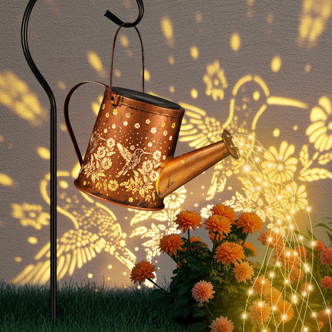 Pawatee Solar Watering Can Light hanging lantern adds charming garden ambiance.