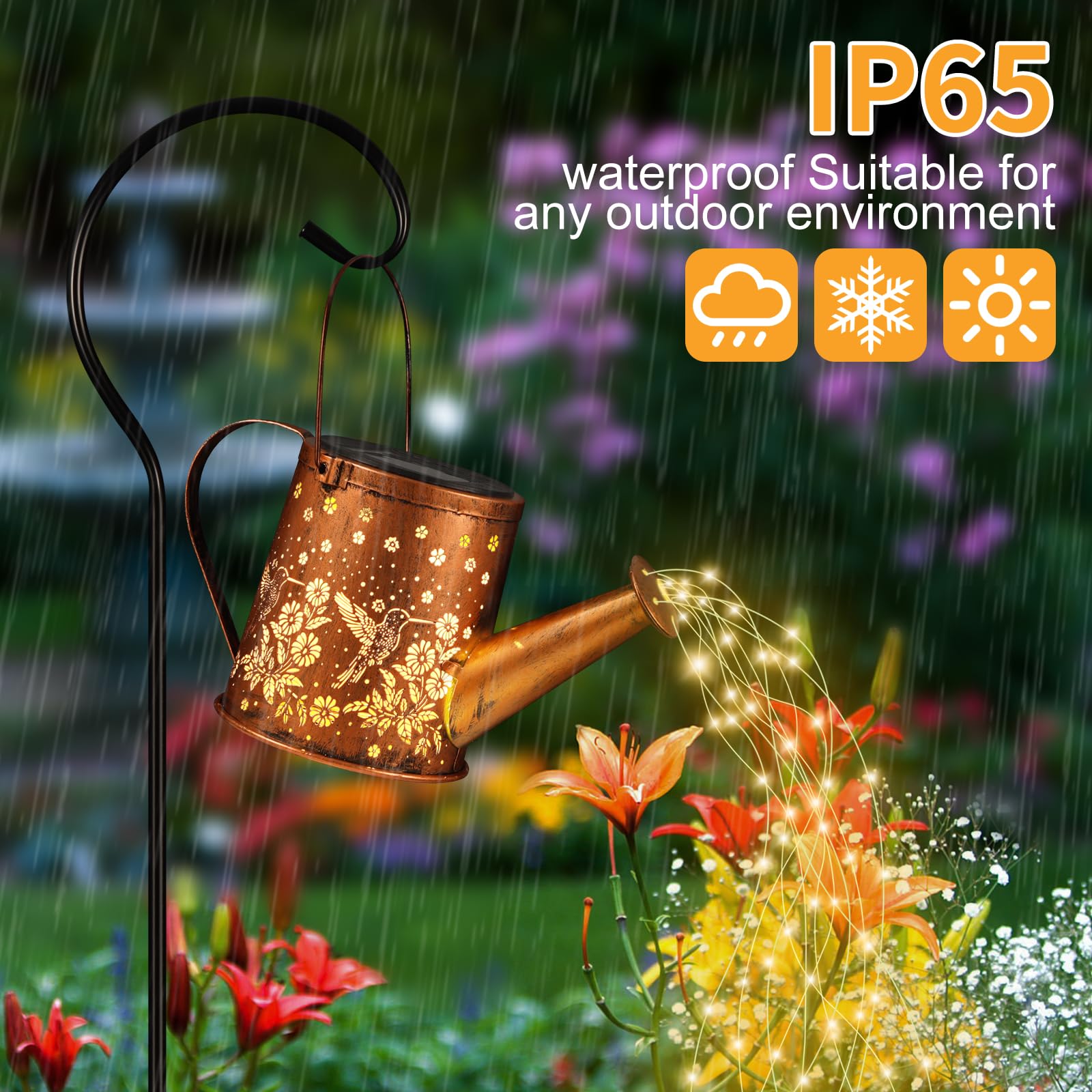 Pawatee Solar Watering Can Light LED cascade provides dazzling nighttime illumination.