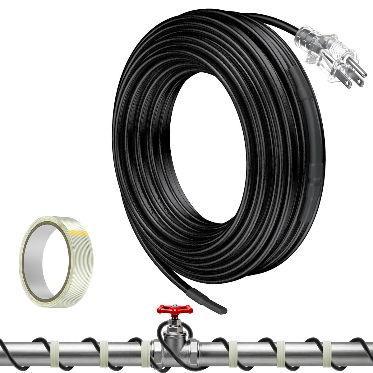Pawfly 12 ft heat tape on water pipes provides freeze protection and steady flow.