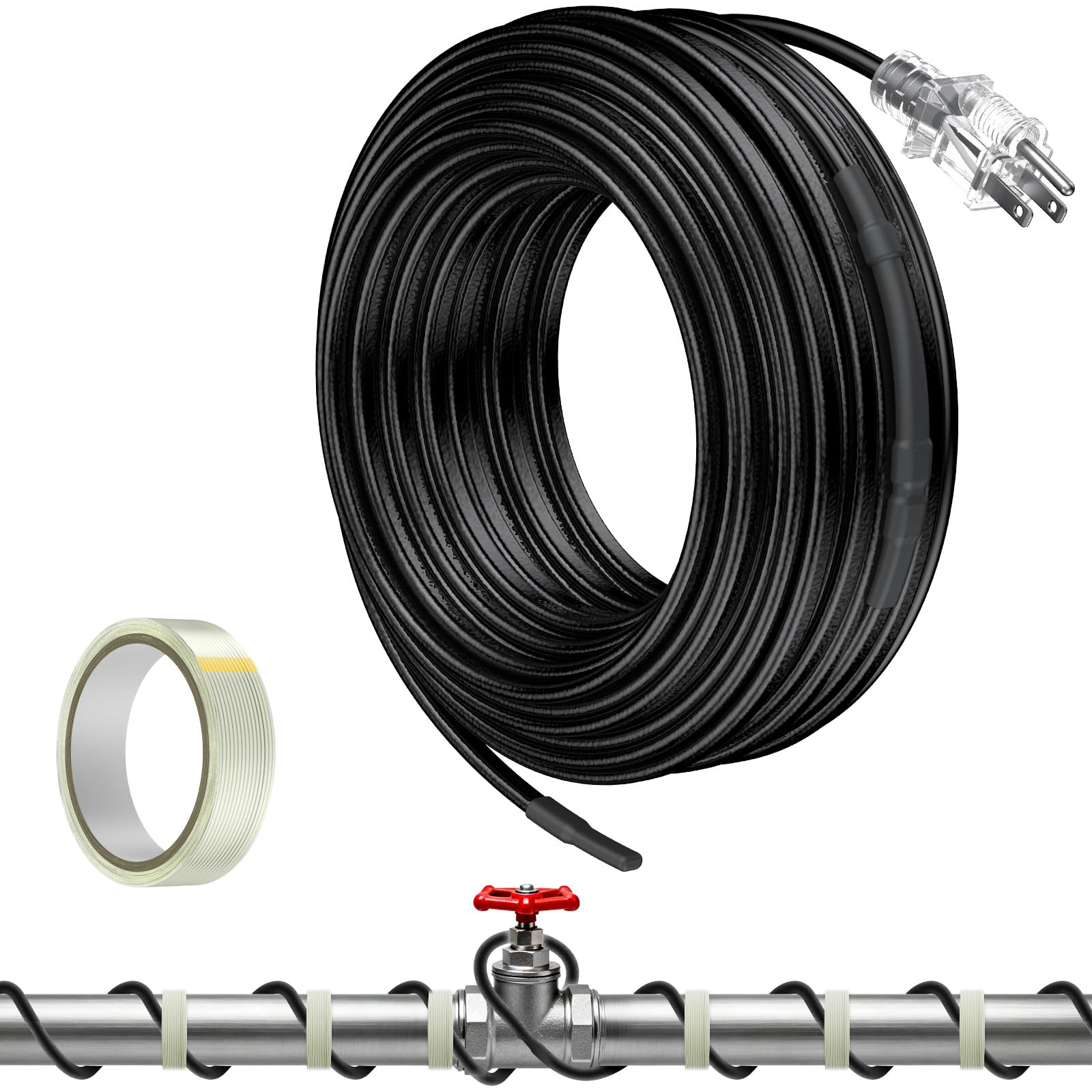 Pawfly 25ft heat tape applied to a pipe to prevent freezing and maintain flow